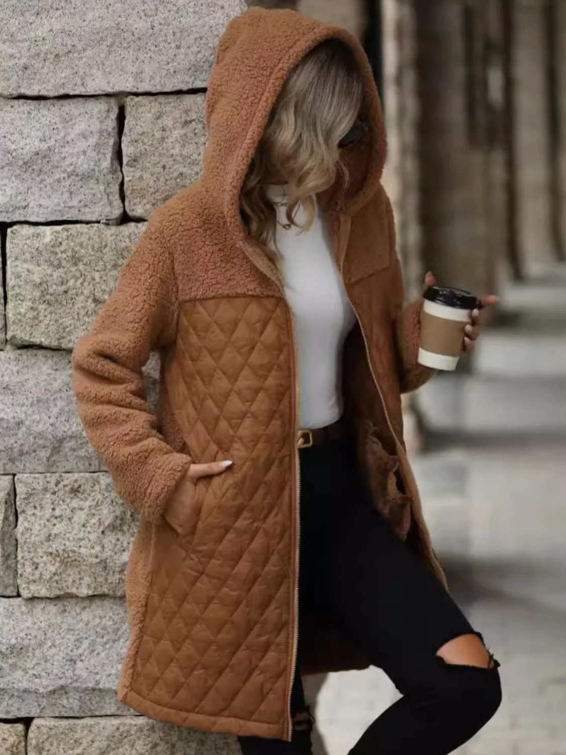 Texture Zip Up Long Sleeve Hooded Coat - Image 2