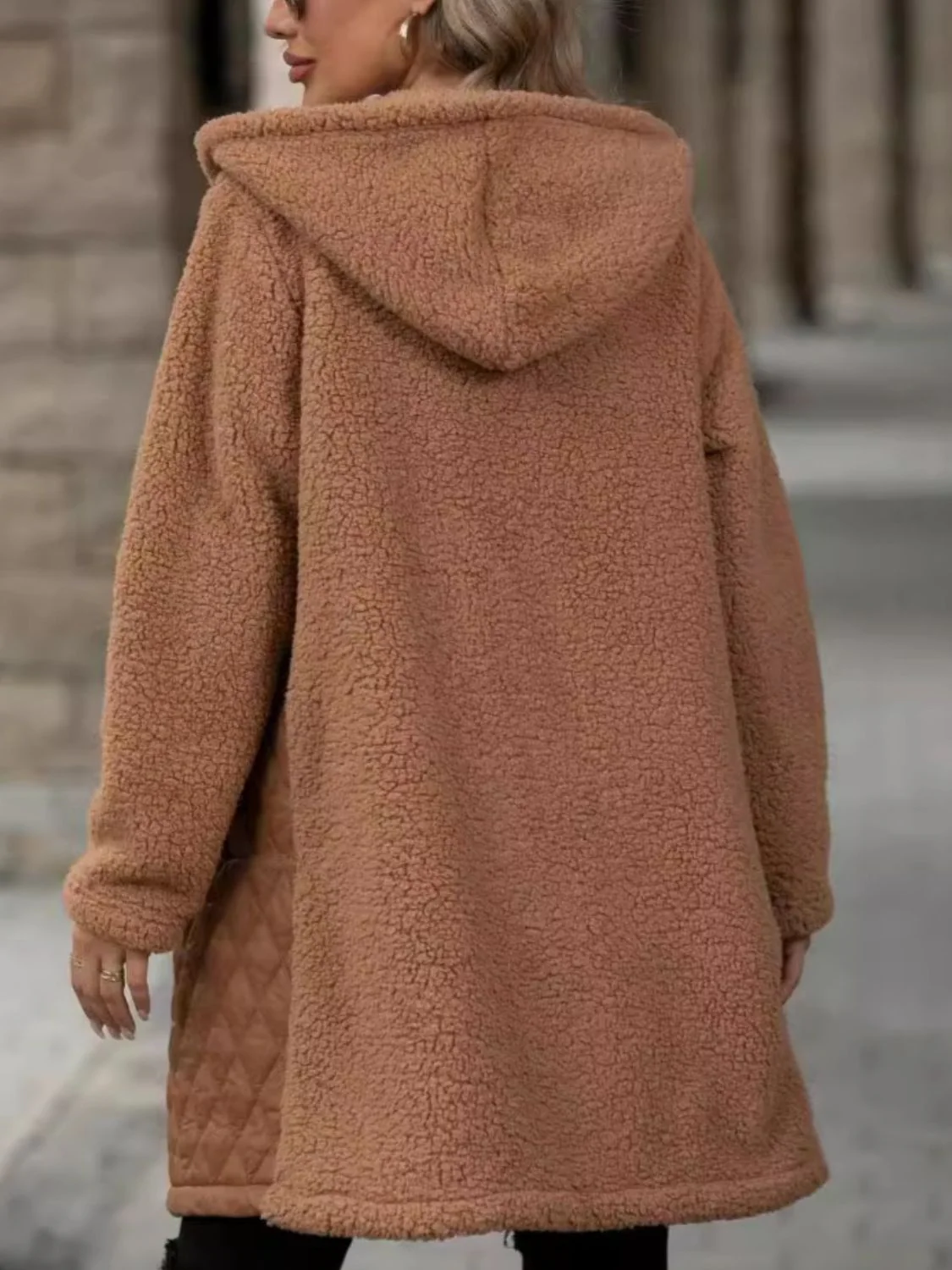 Texture Zip Up Long Sleeve Hooded Coat - Image 4