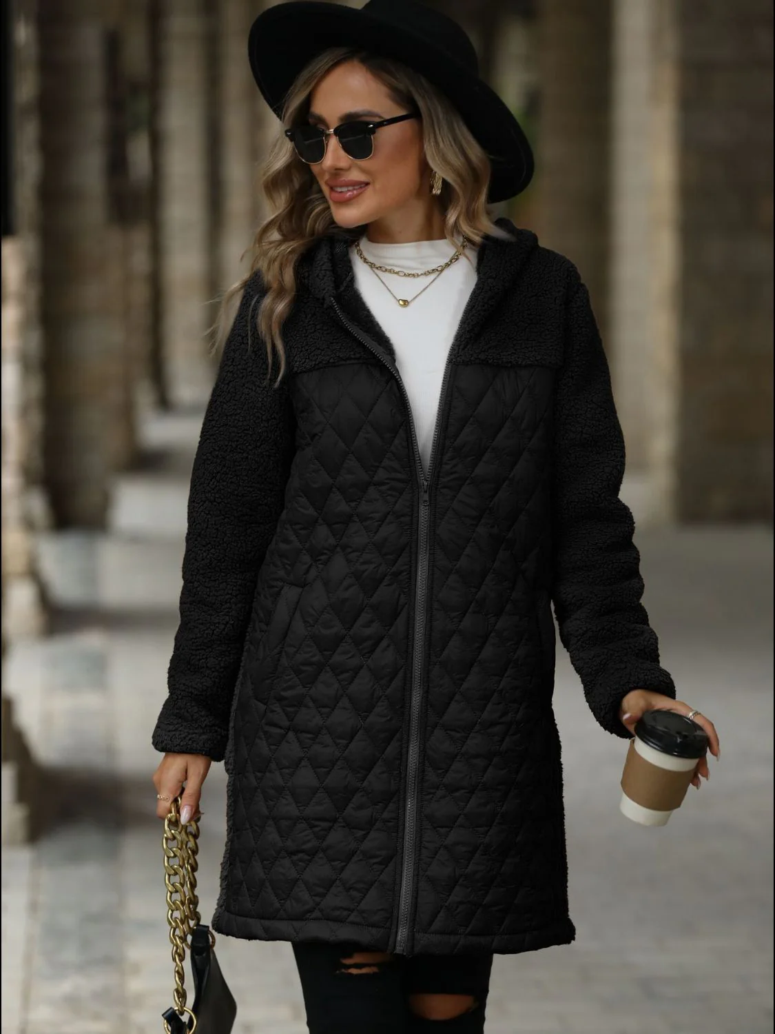 Texture Zip Up Long Sleeve Hooded Coat - Image 9