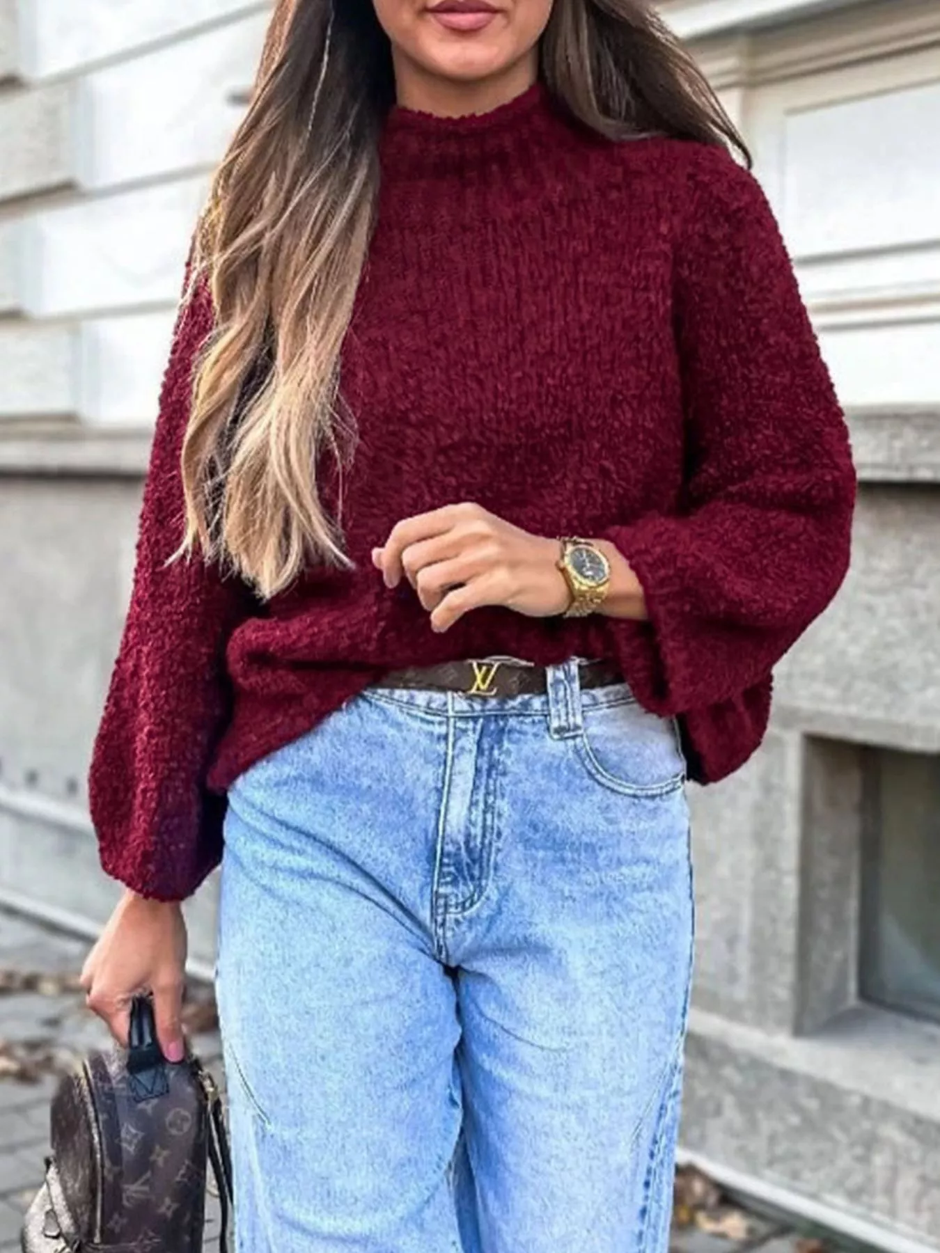 Textured Knit Mock Neck Sweater - Image 2