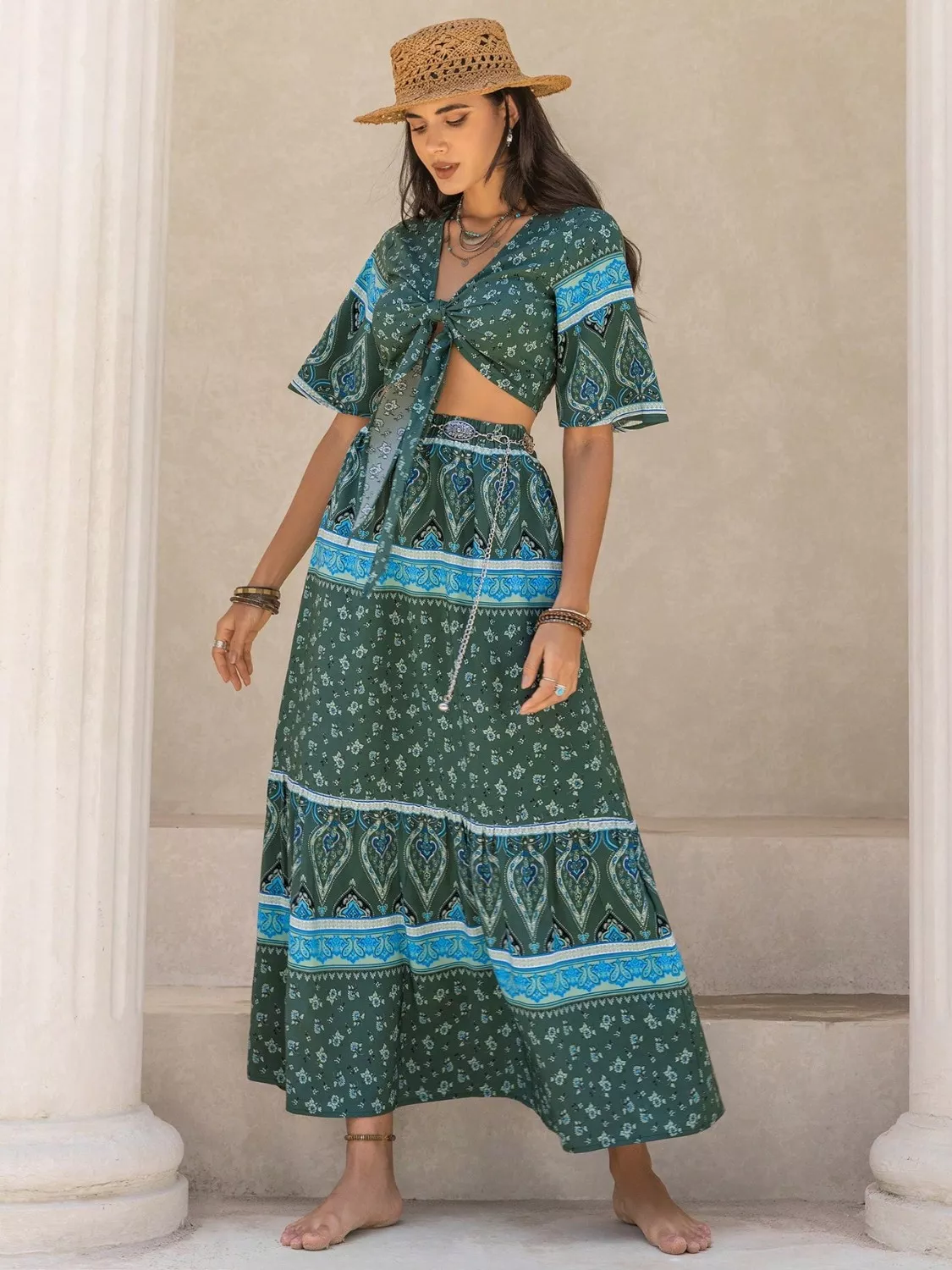 Tie Front Half Sleeve Top and Skirt Set - Image 5