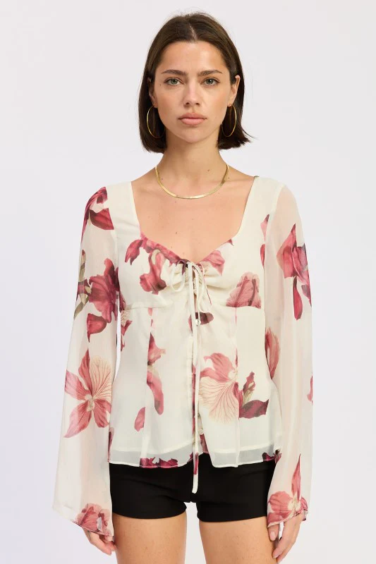 TIE FRONT LONG SLEEVE FLORAL BLOUSE