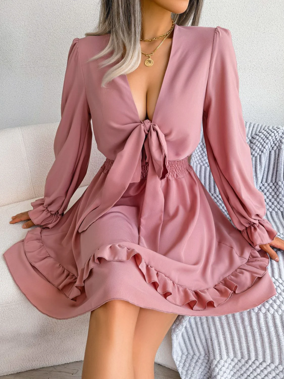Tie Front Smocked Waist Flounce Sleeve Dress - Image 4