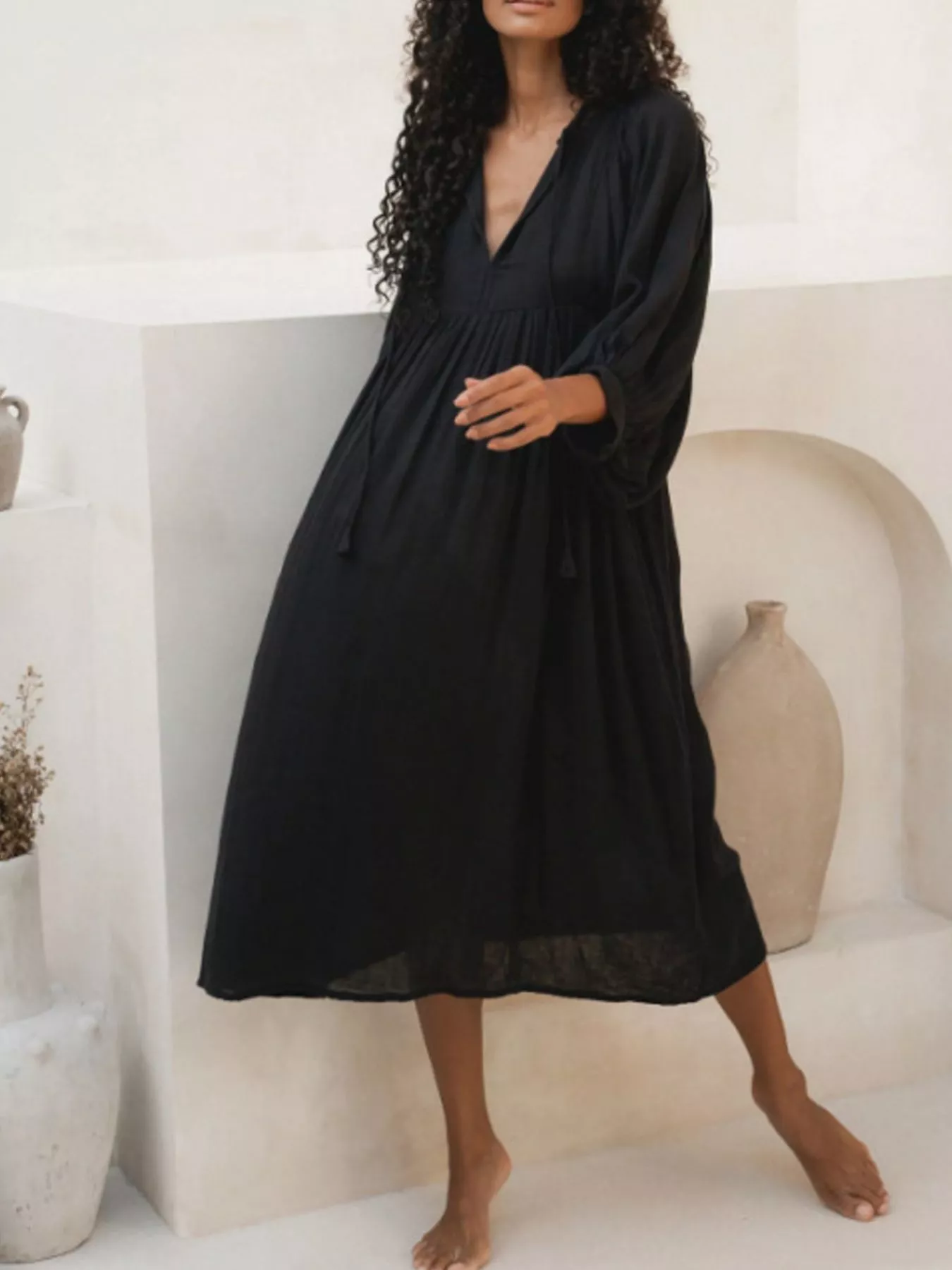 Tie Neck 3/4 Sleeve Midi Dress - Image 13