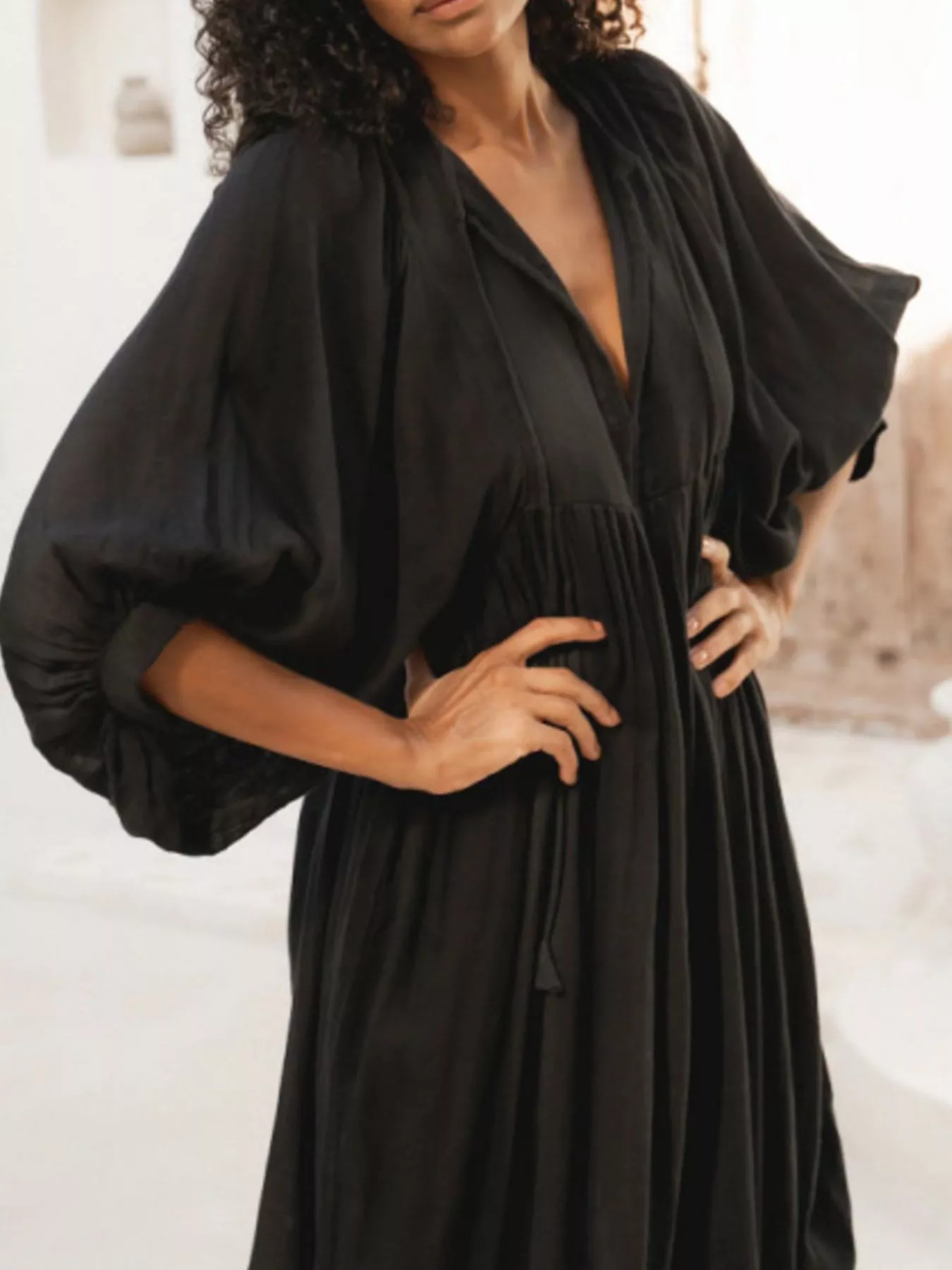 Tie Neck 3/4 Sleeve Midi Dress - Image 15