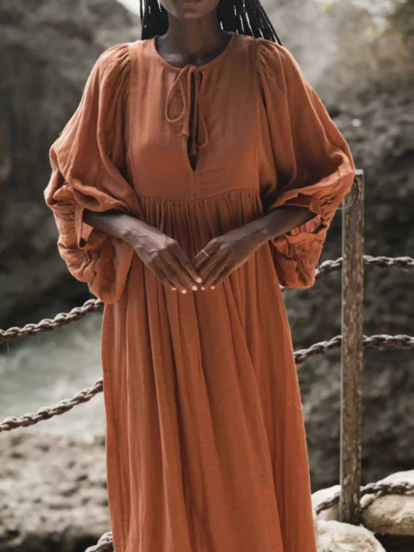 Tie Neck 3/4 Sleeve Midi Dress - Image 8
