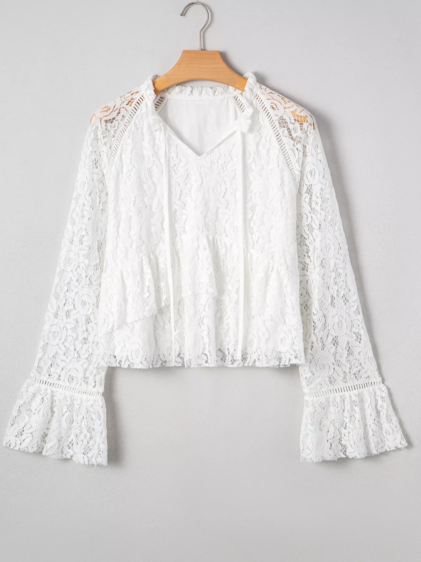 Tie Neck Lace Ruffle Detail Long Sleeve Blouse - Image 2