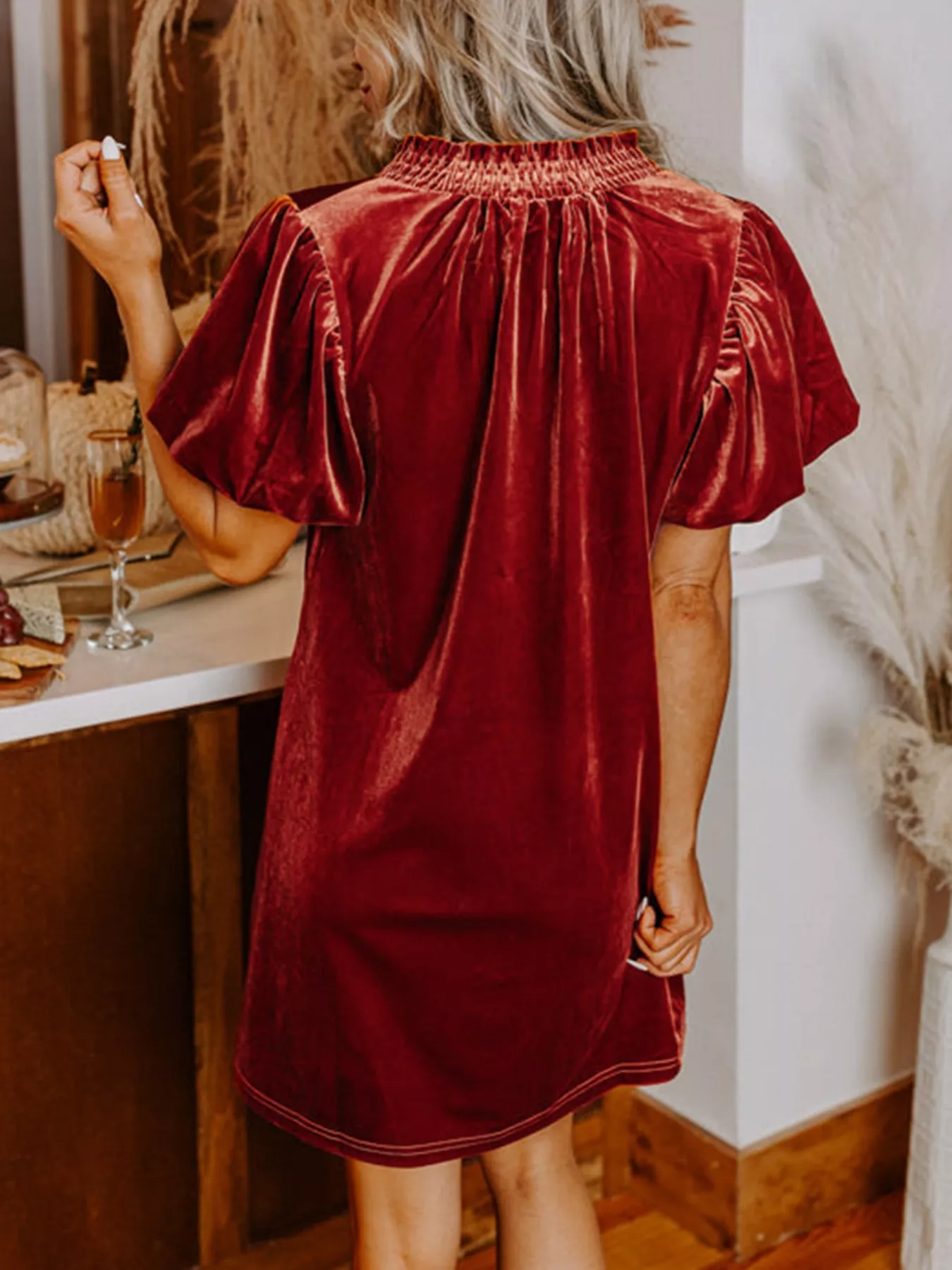 Tie Neck Puff Sleeve Velvet Dress - Image 3