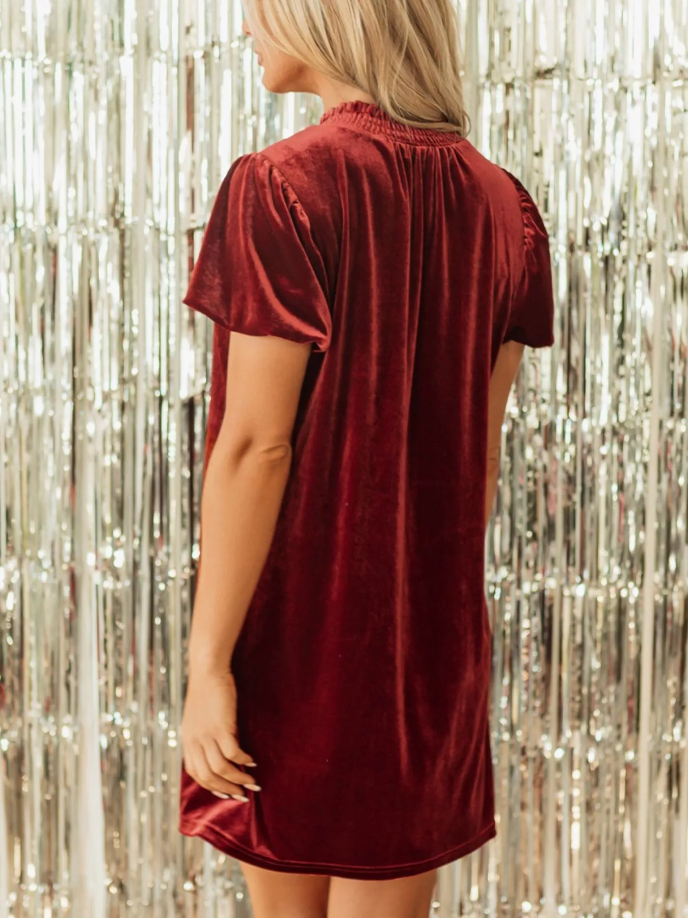 Tie Neck Puff Sleeve Velvet Dress - Image 5