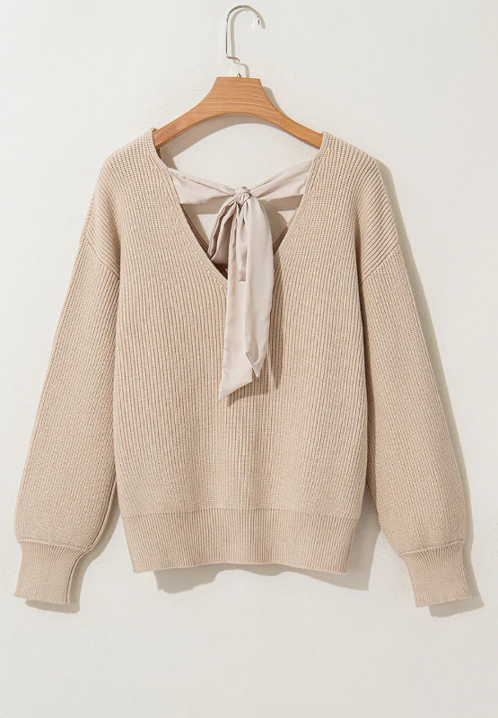 Tied Back V-Neck Long Sleeve Sweater - Image 6
