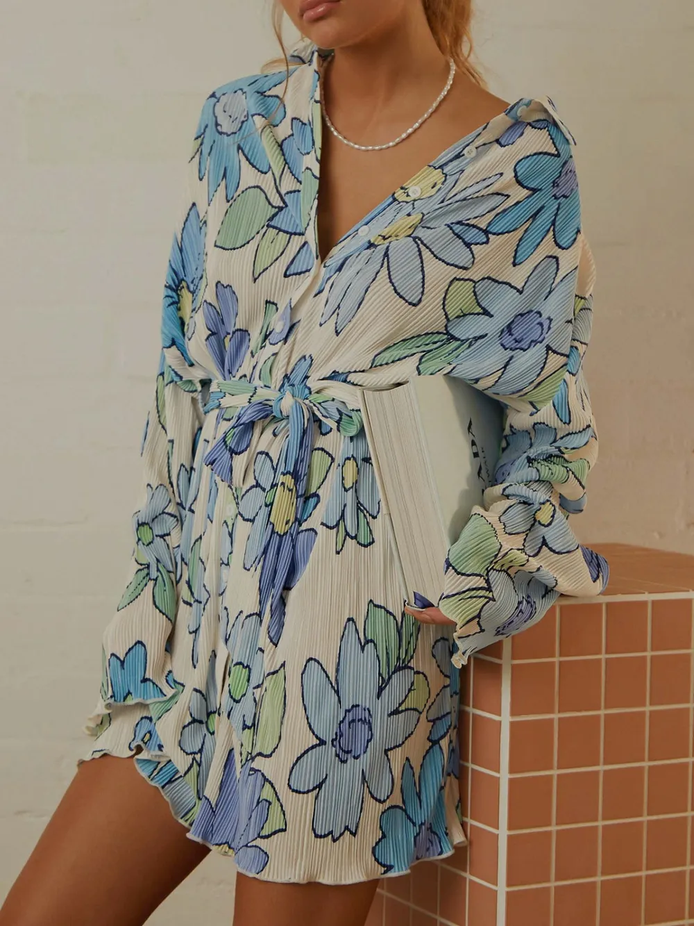 Tied Button Up Long Sleeve Dress - Image 4