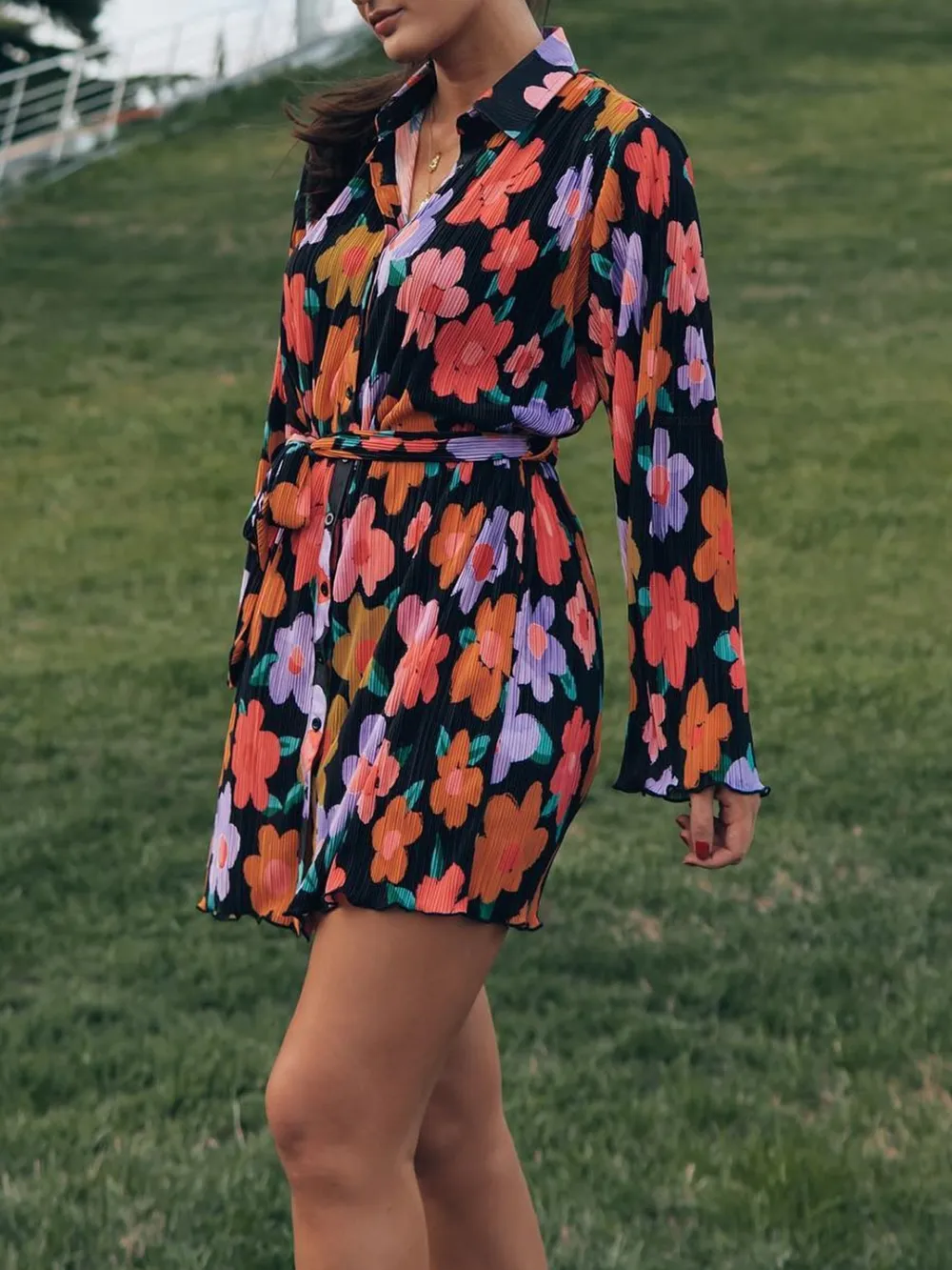 Tied Button Up Long Sleeve Dress - Image 8