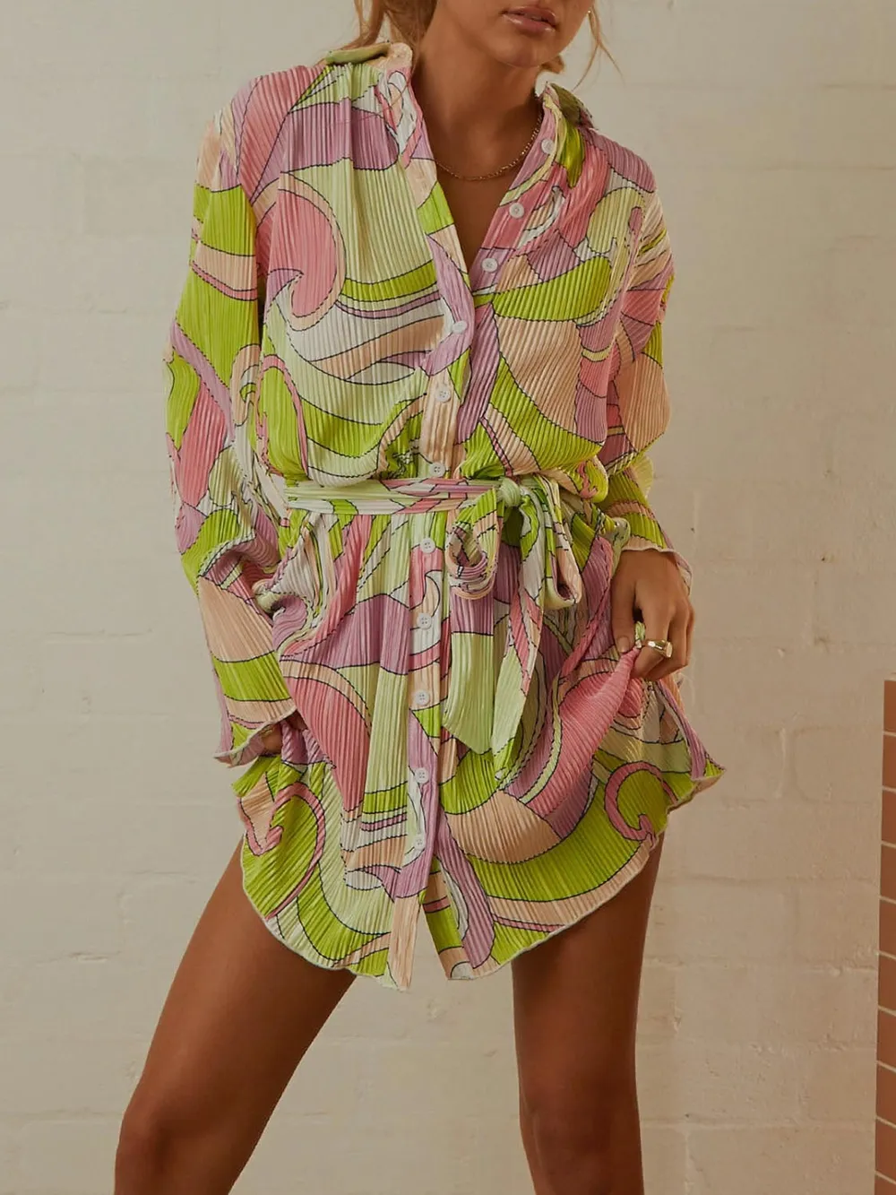 Tied Button Up Long Sleeve Dress - Image 9