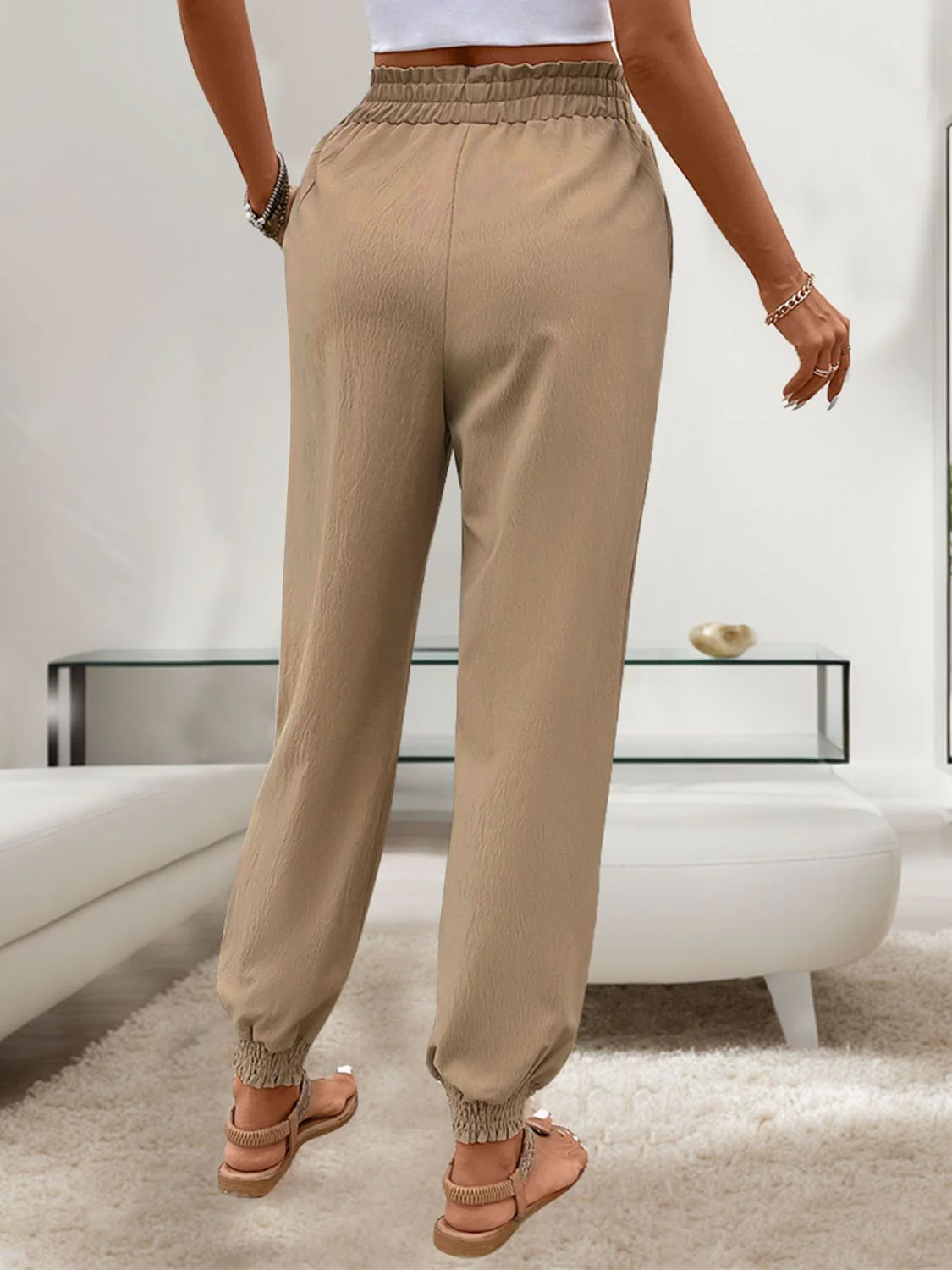 Tied Elastic Waist Pants with Pockets - Image 2