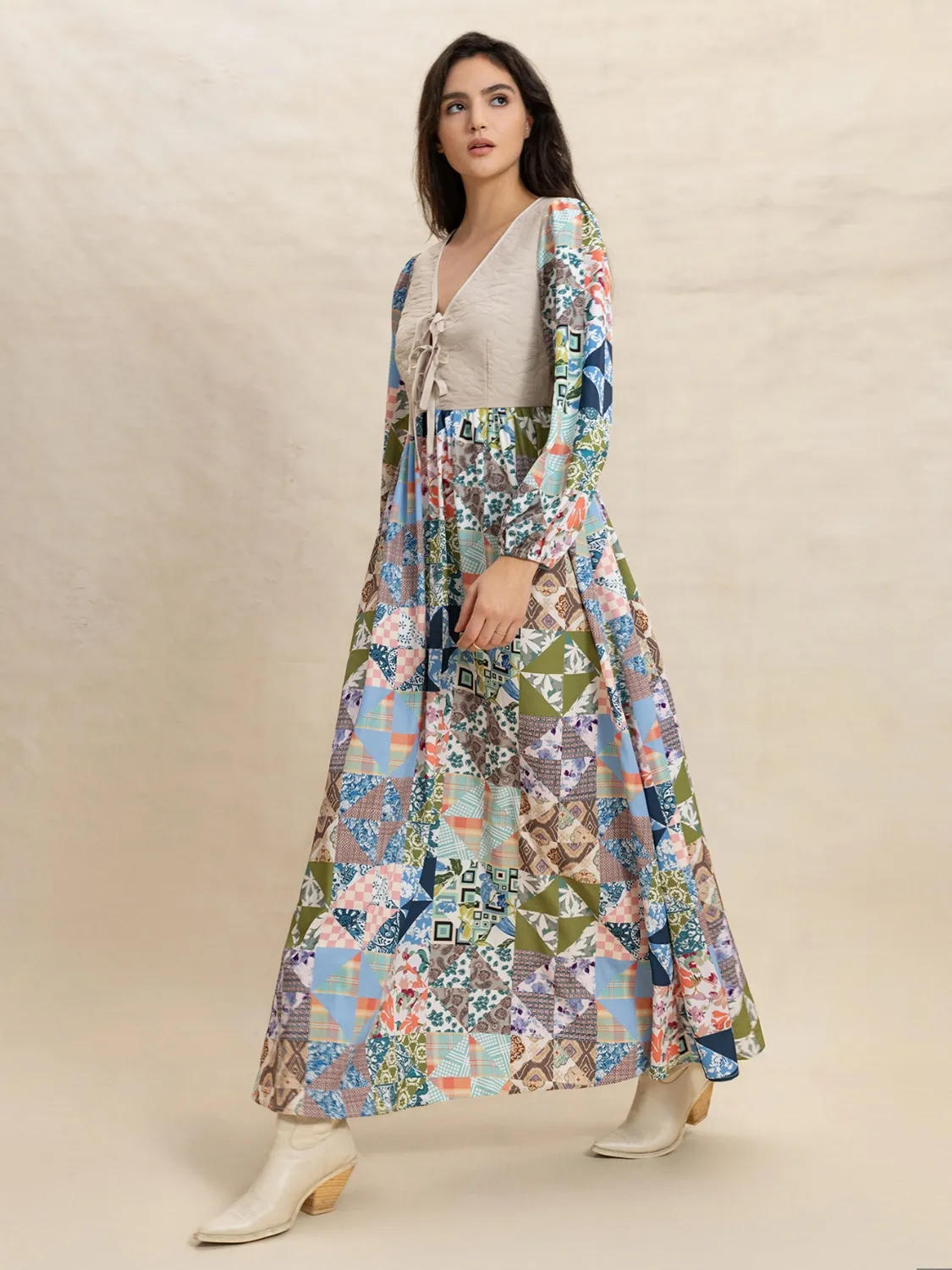 Tied Front Printed Long Sleeve Maxi Dress