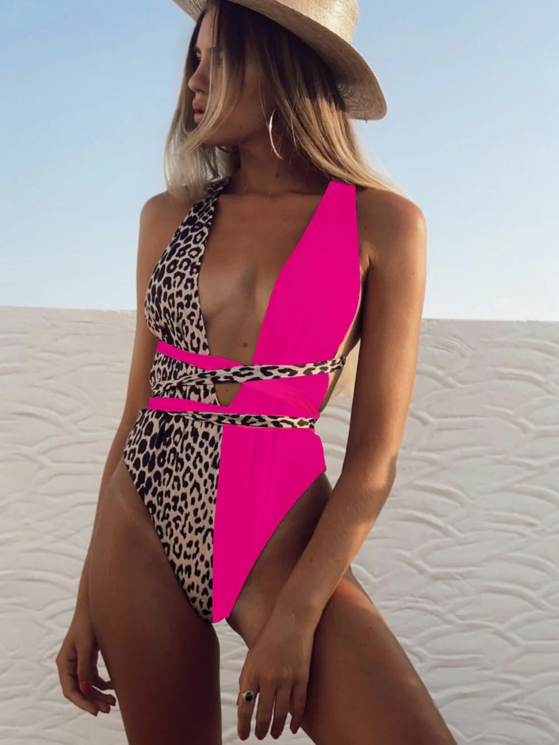 Tied Leopard Plunge One-Piece Swimwear - Image 6
