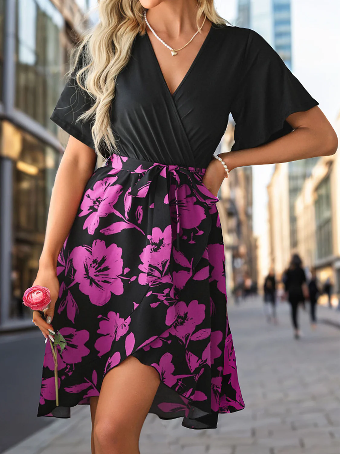 Tied Printed Surplice Short Sleeve Dress - Image 4