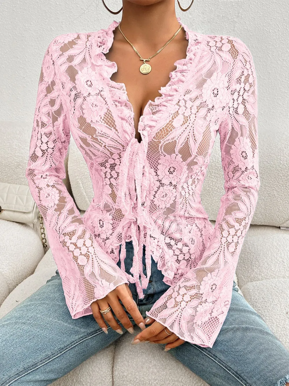 Tied V-Neck Long Sleeve Lace Top - Image 15