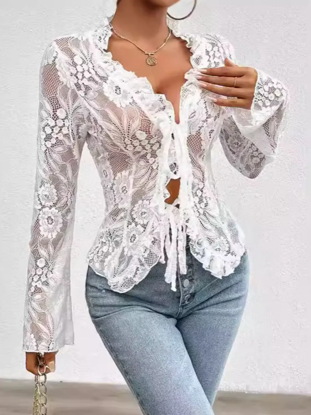 Tied V-Neck Long Sleeve Lace Top - Image 8