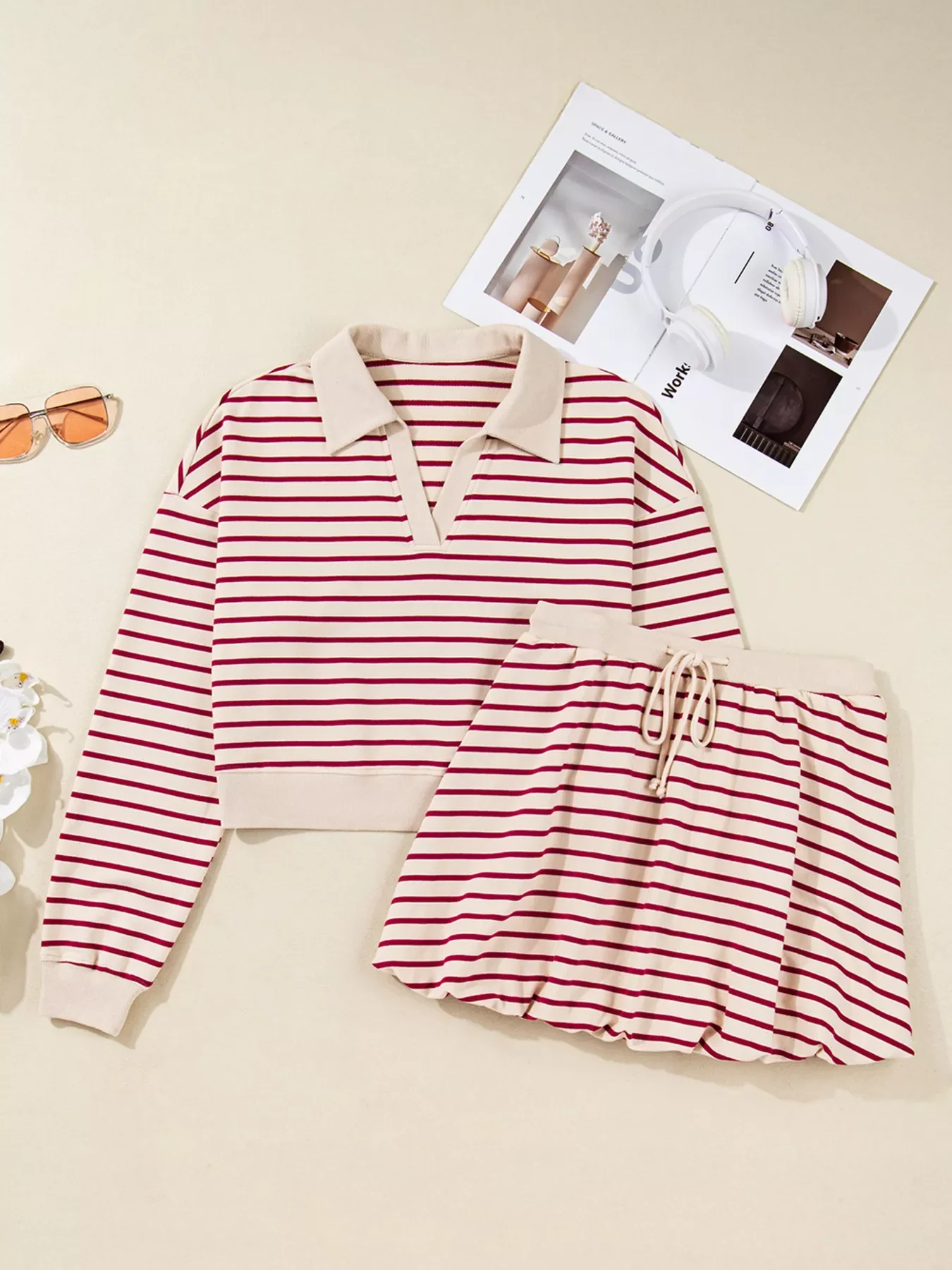 tripe Cropped Collared Drop Shoulder Pullover and Bubble Mini Skirt Set - Image 2