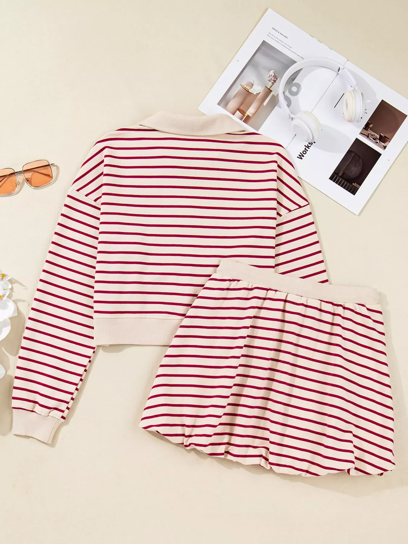 tripe Cropped Collared Drop Shoulder Pullover and Bubble Mini Skirt Set - Image 3