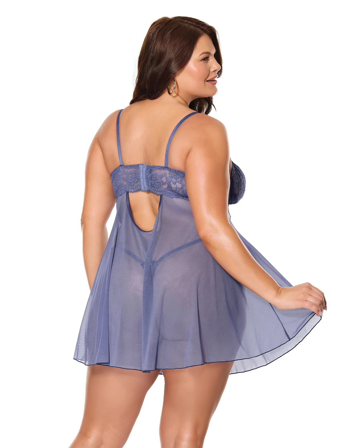 Twilight Fever Lace & Mesh Babydoll w/G-String - Navy 1X/2X - Image 3