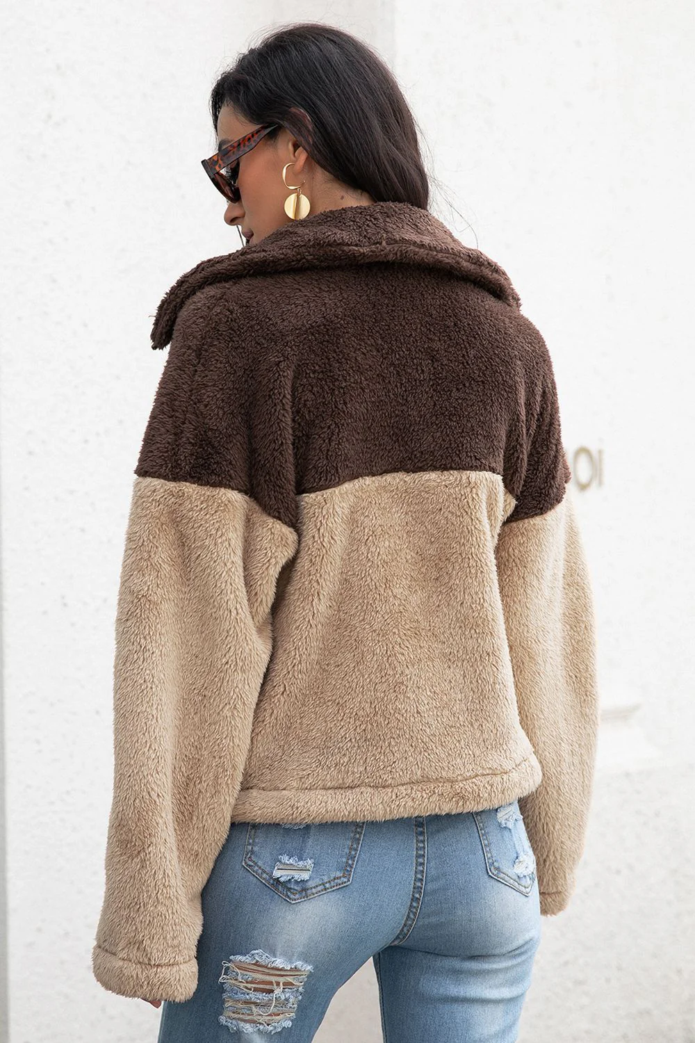 Two-Tone Collared Neck Fuzzy Jacket - Image 2
