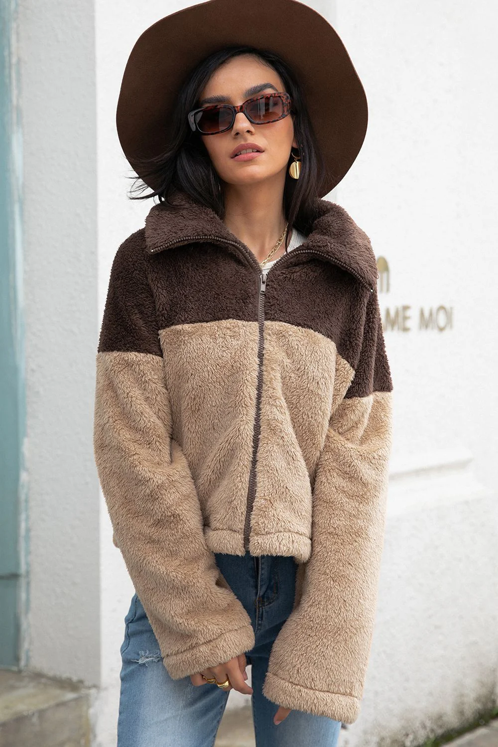 Two-Tone Collared Neck Fuzzy Jacket - Image 3