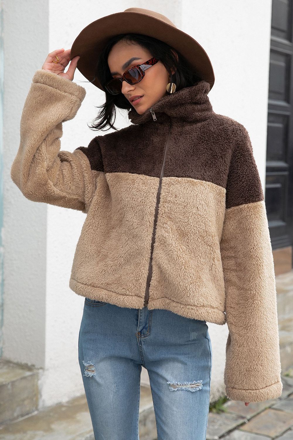 Two-Tone Collared Neck Fuzzy Jacket - Image 4