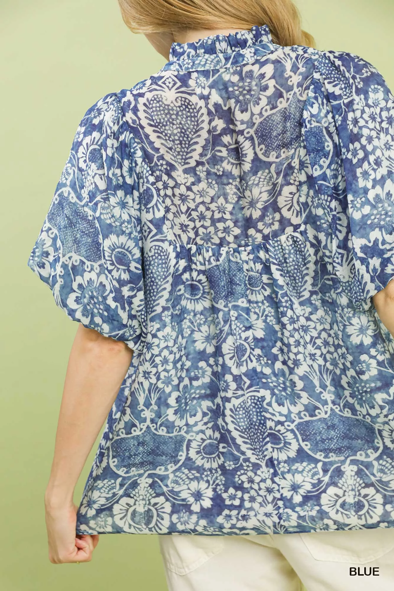 Umgee Abstract Print Ruffled Puff Sleeve Top - Image 5