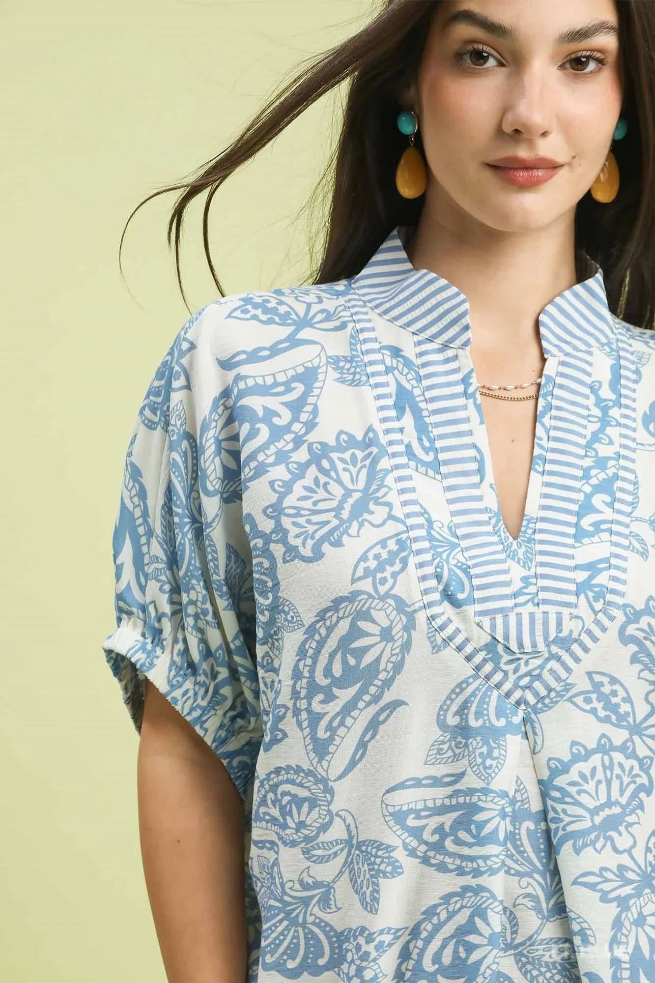 Umgee Botanical Print Mixed Trim Tunic Top - Image 5