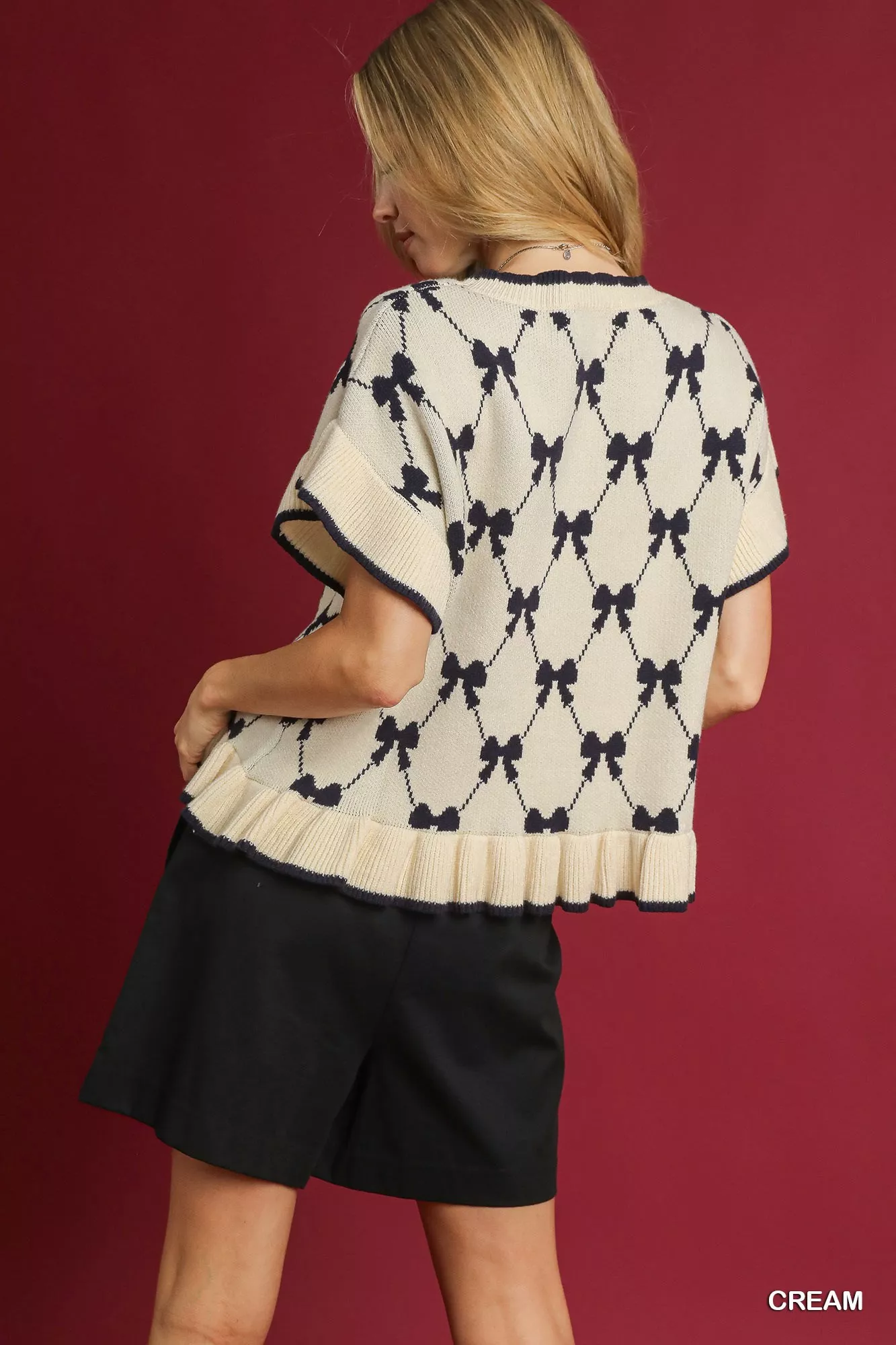 Umgee Bow Knit Ruffle Sleeve Sweater - Image 3