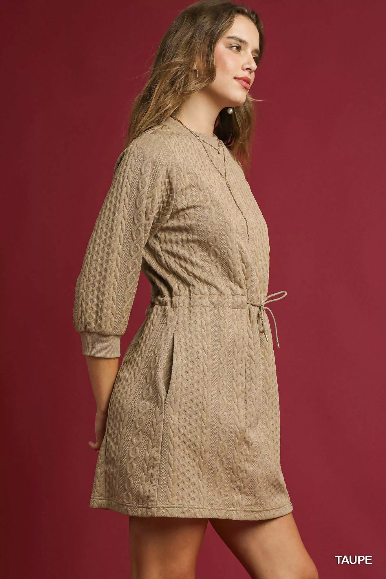 Umgee Drawstring Cable Knit Mini Dress with Pockets - Image 2