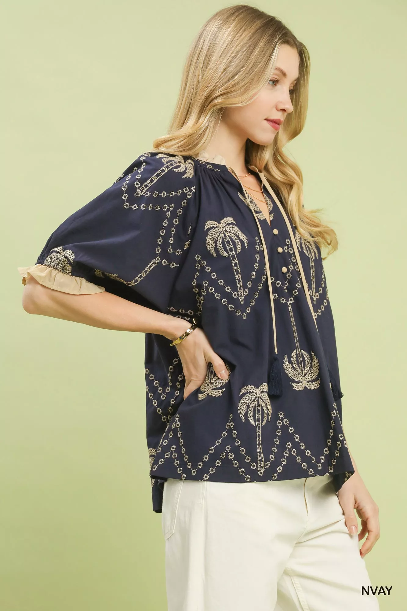 Umgee Embroidered Palm Print Tassel Tie Blouse - Image 2