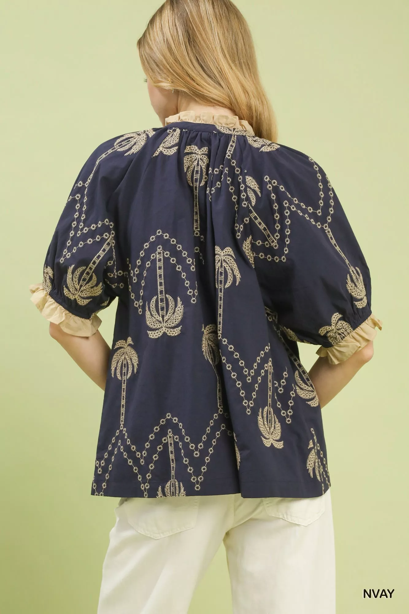 Umgee Embroidered Palm Print Tassel Tie Blouse - Image 3