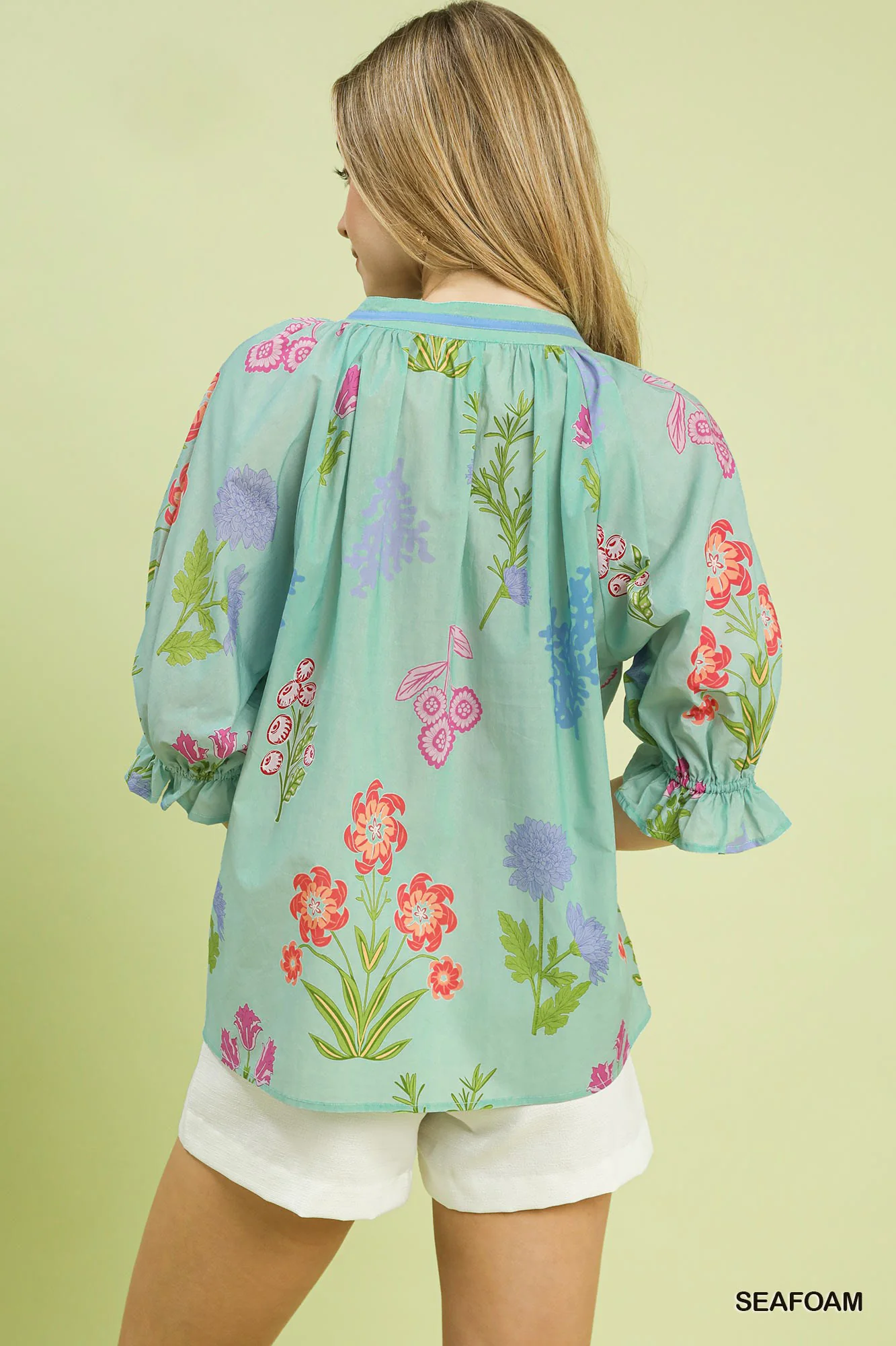 Umgee Floral Split Neck Puff Sleeve Top - Image 3