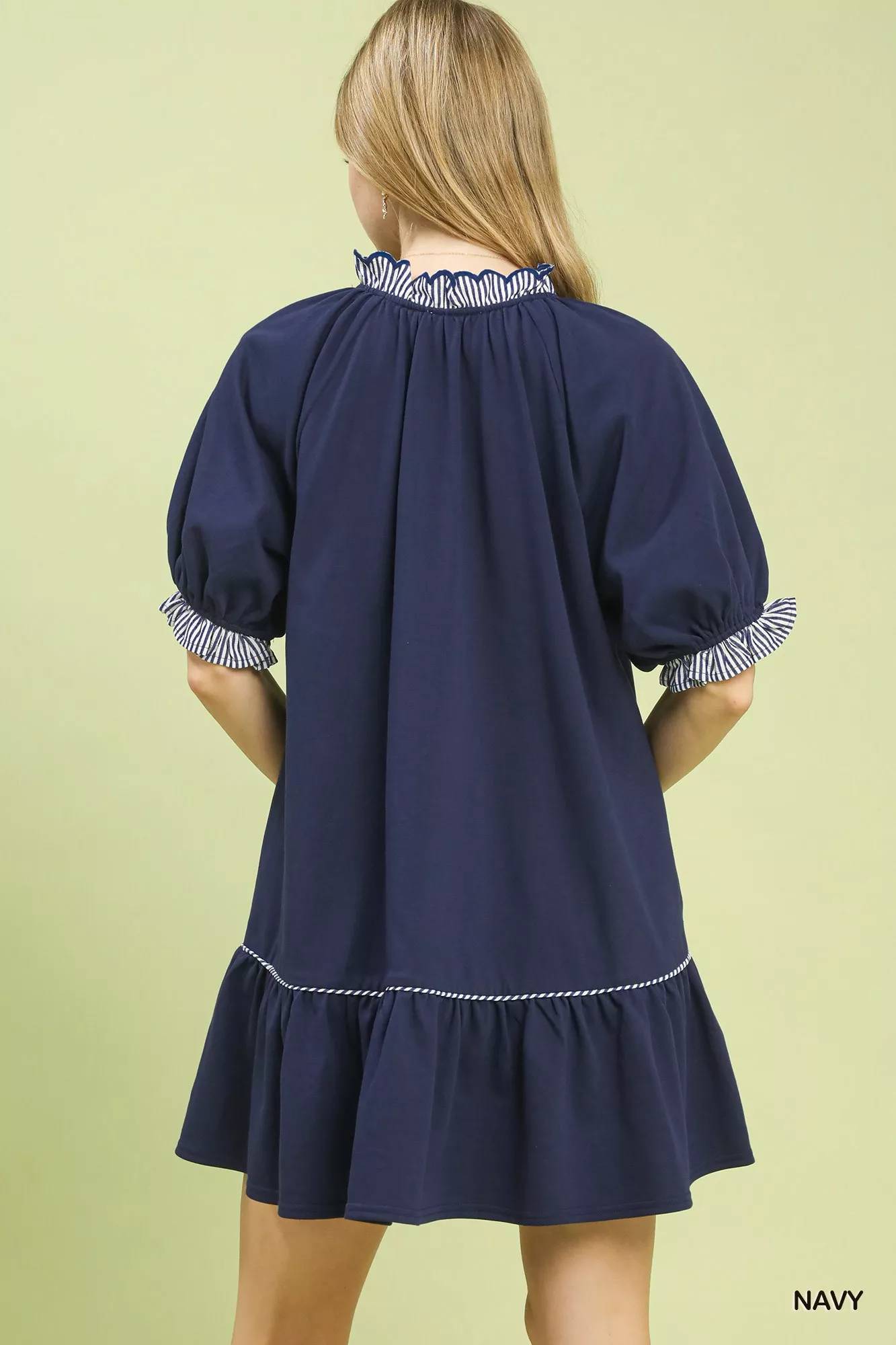 Umgee French Terry Mini Dress with Ruffled Striped Trim - Image 4