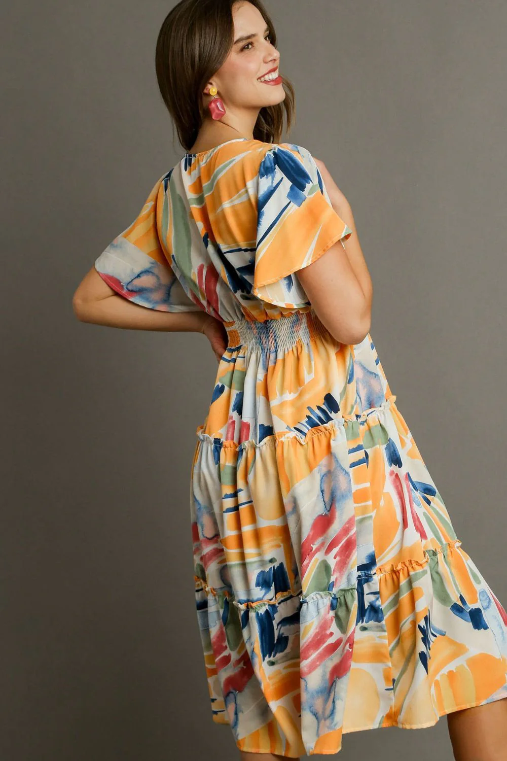 Umgee Full Size Abstract Print Flutter Sleeve Frill Tiered Midi Dress Plus Size - Image 7