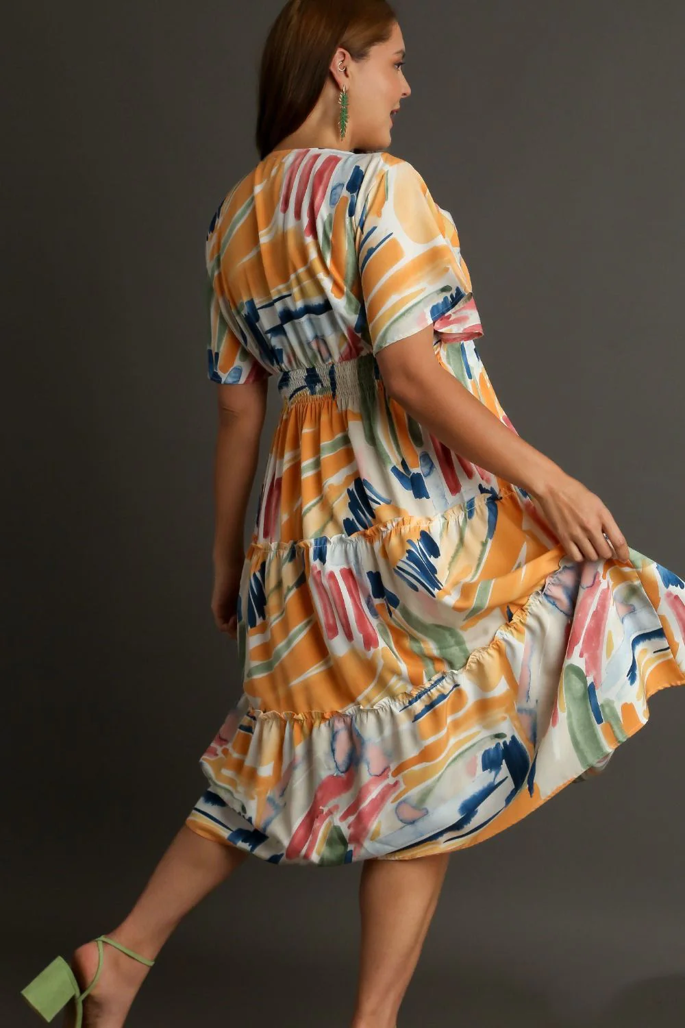 Umgee Full Size Abstract Print Flutter Sleeve Frill Tiered Midi Dress Plus Size - Image 8
