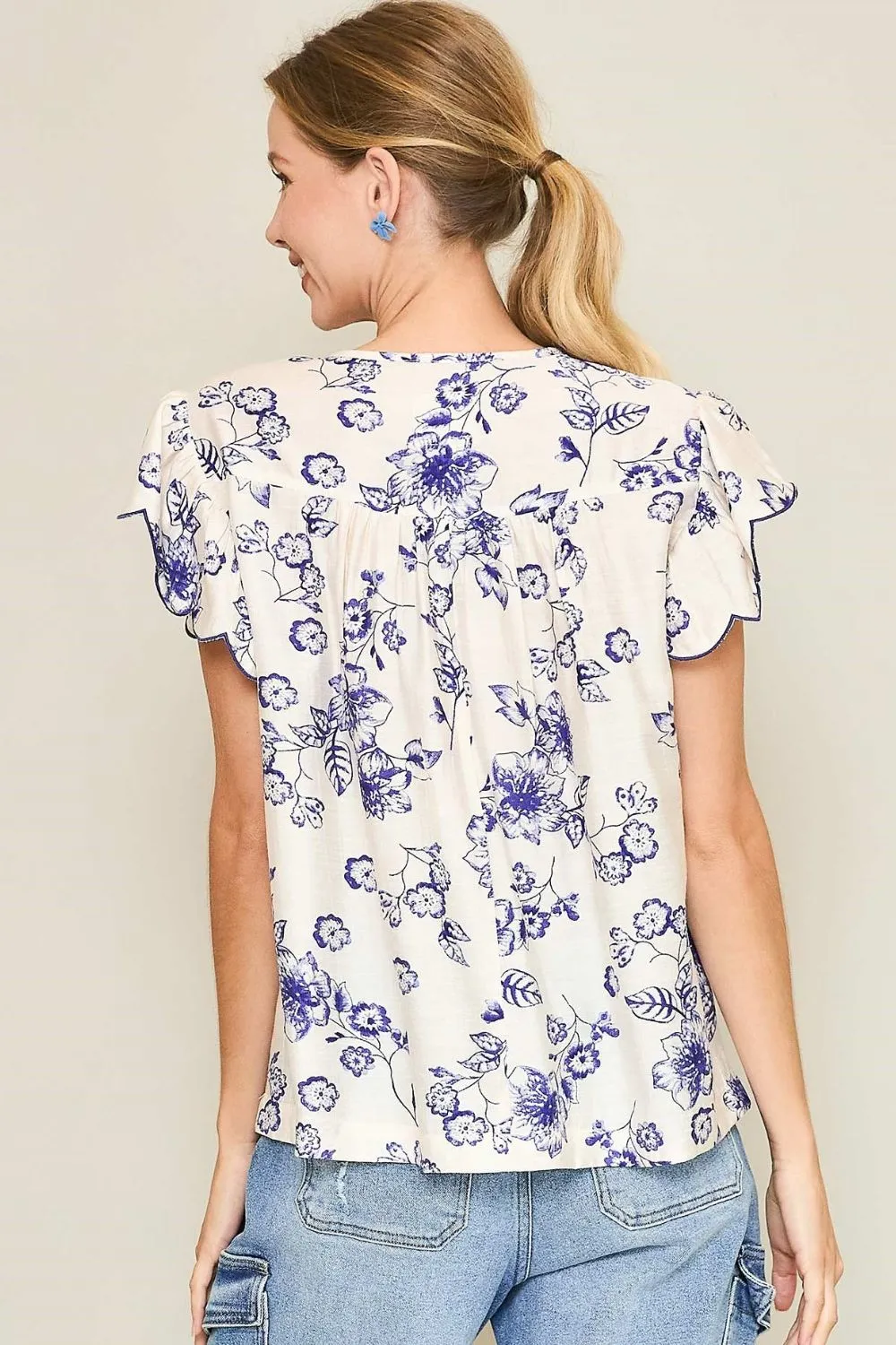 Umgee Full Size Floral Print Tassel Tie Neck Scalloped Sleeve Blouse Plus Size - Image 3