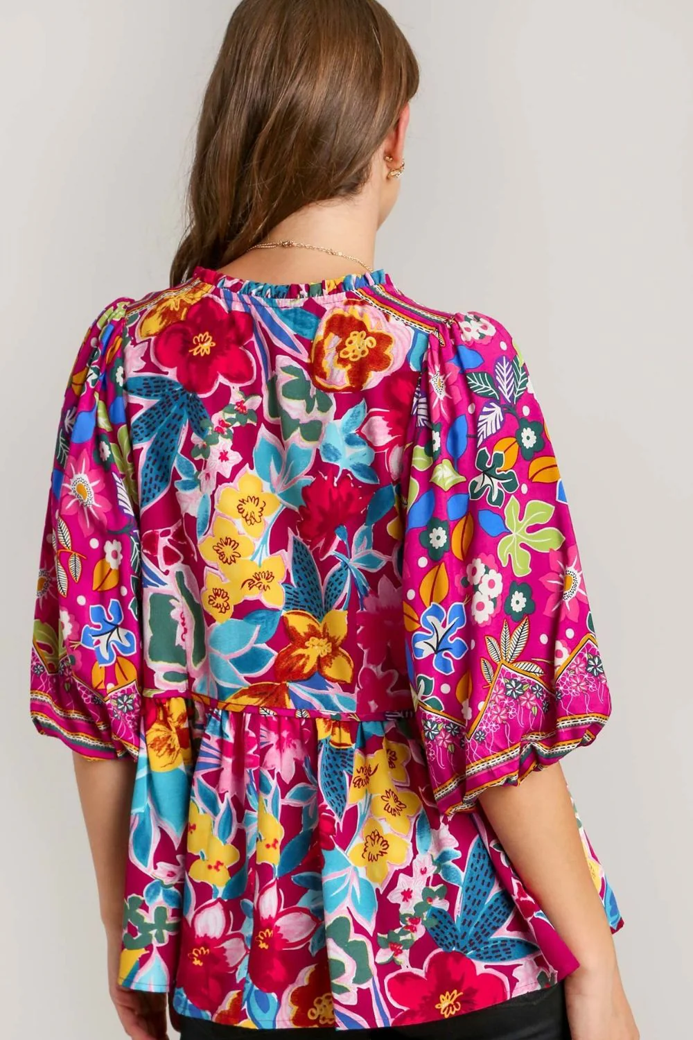 Umgee Full Size Floral Print Tie Neck Peplum Blouse Plus Size - Image 3