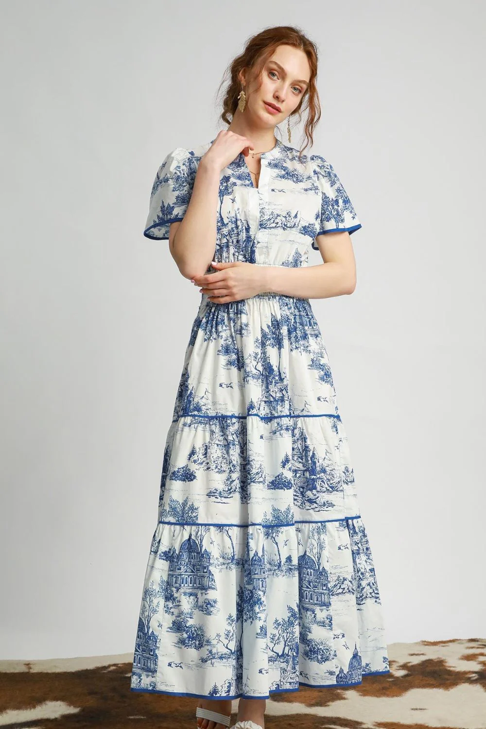 Umgee Full Size Landscape Print Short Sleeve Tiered Maxi Dress Plus Size - Image 2