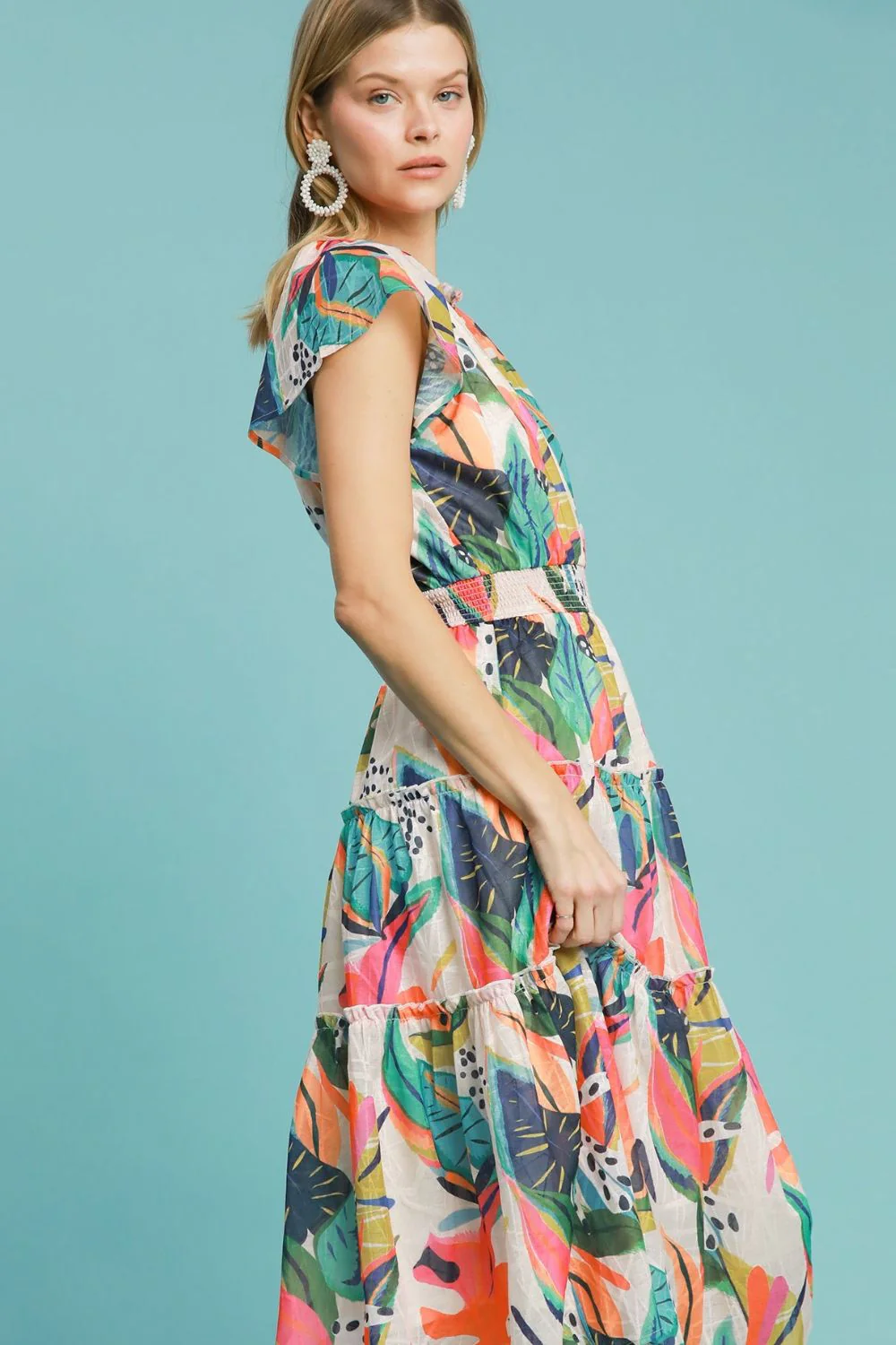 Umgee Full Size Leaf Print Cap Sleeve Tiered Midi Dress Plus Size - Image 2