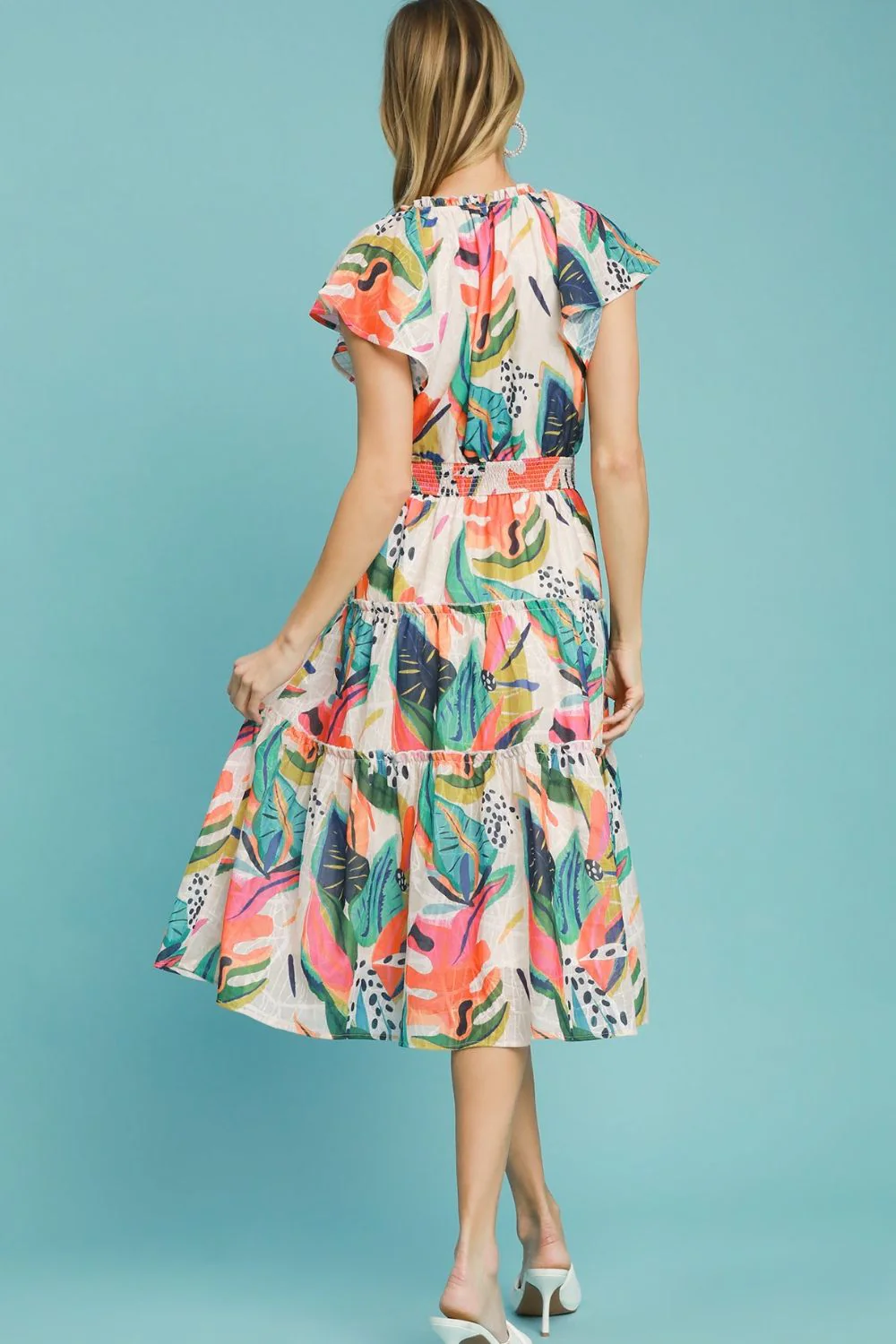 Umgee Full Size Leaf Print Cap Sleeve Tiered Midi Dress Plus Size - Image 4