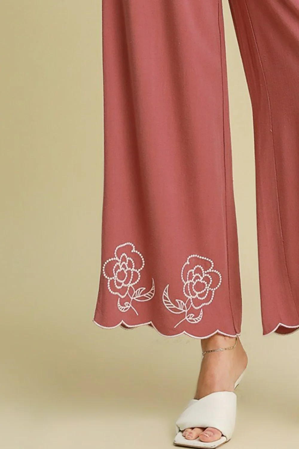 Umgee Full Size Linen Blend Wide Leg Pants with Scalloped Hemline Plus Size - Image 3