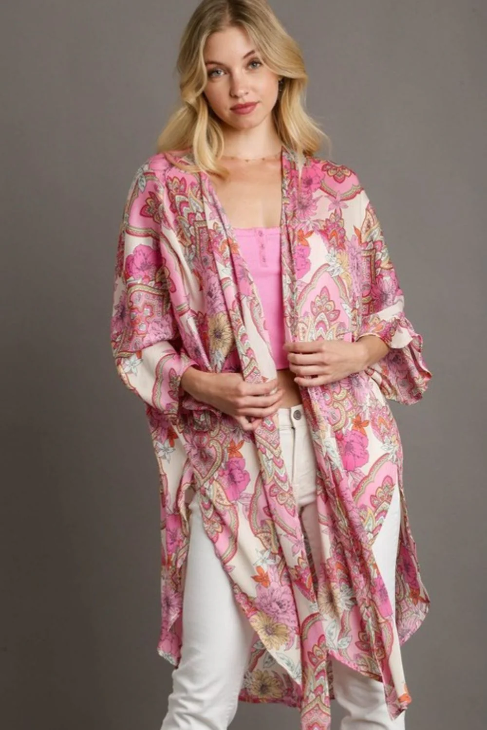 Umgee Full Size Mixed Print Open Front Kimono with Ruffle Sleeves Plus Size - Image 2