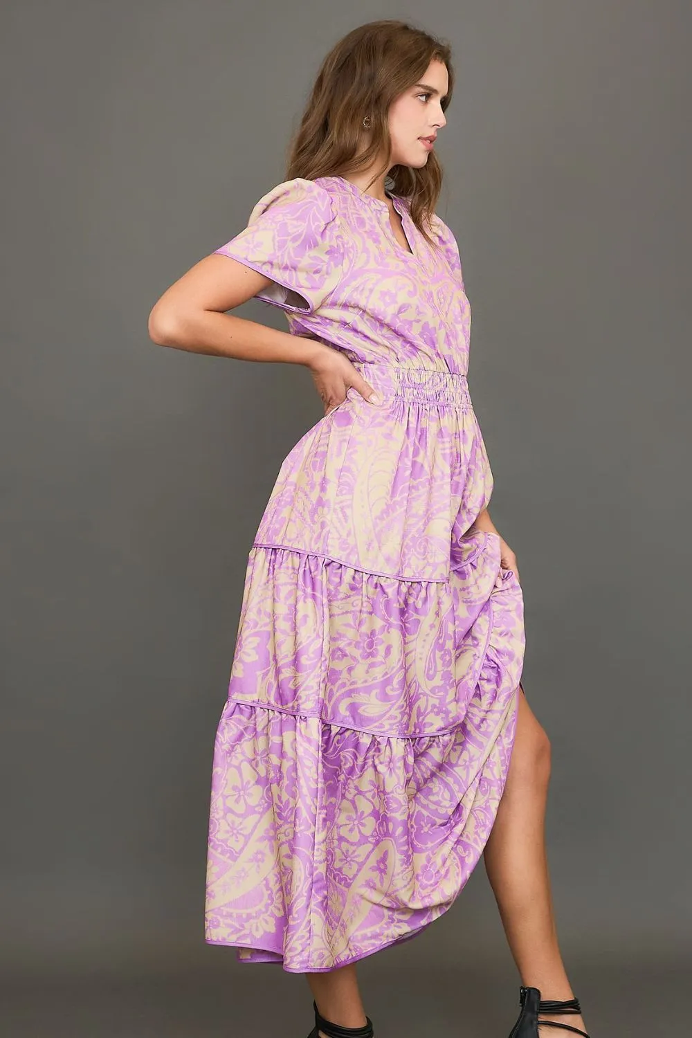 Umgee Full Size Printed Notched Short Sleeve Tiered Dress Plus Size - Image 2