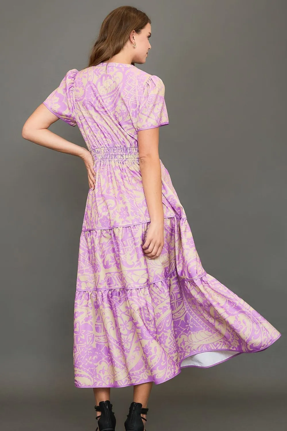 Umgee Full Size Printed Notched Short Sleeve Tiered Dress Plus Size - Image 3