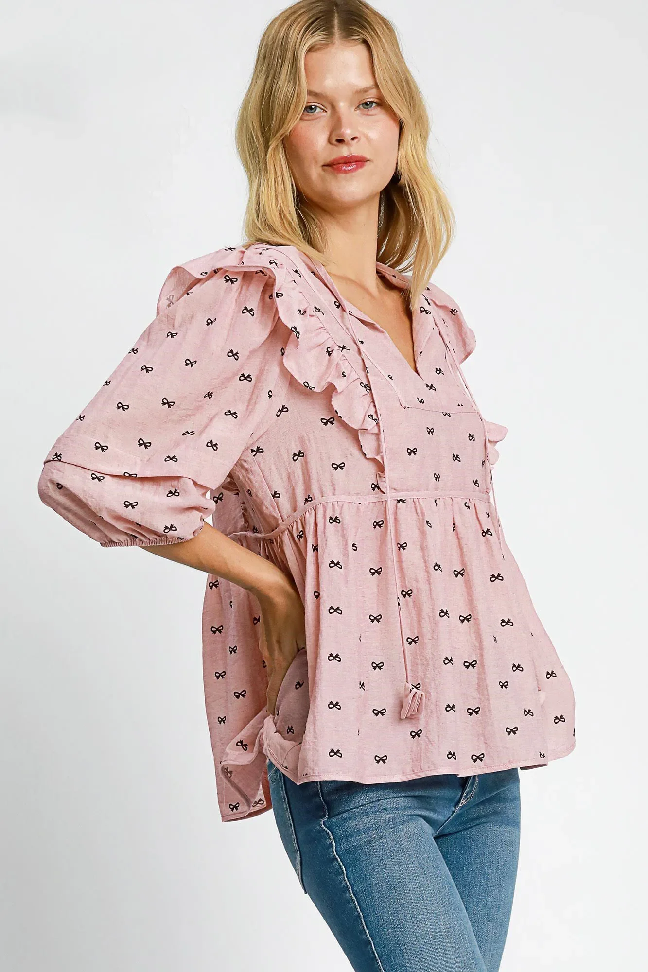Umgee Full Size Ruffled Bow Print Tie Neck Peplum Blouse Plus Size - Image 2