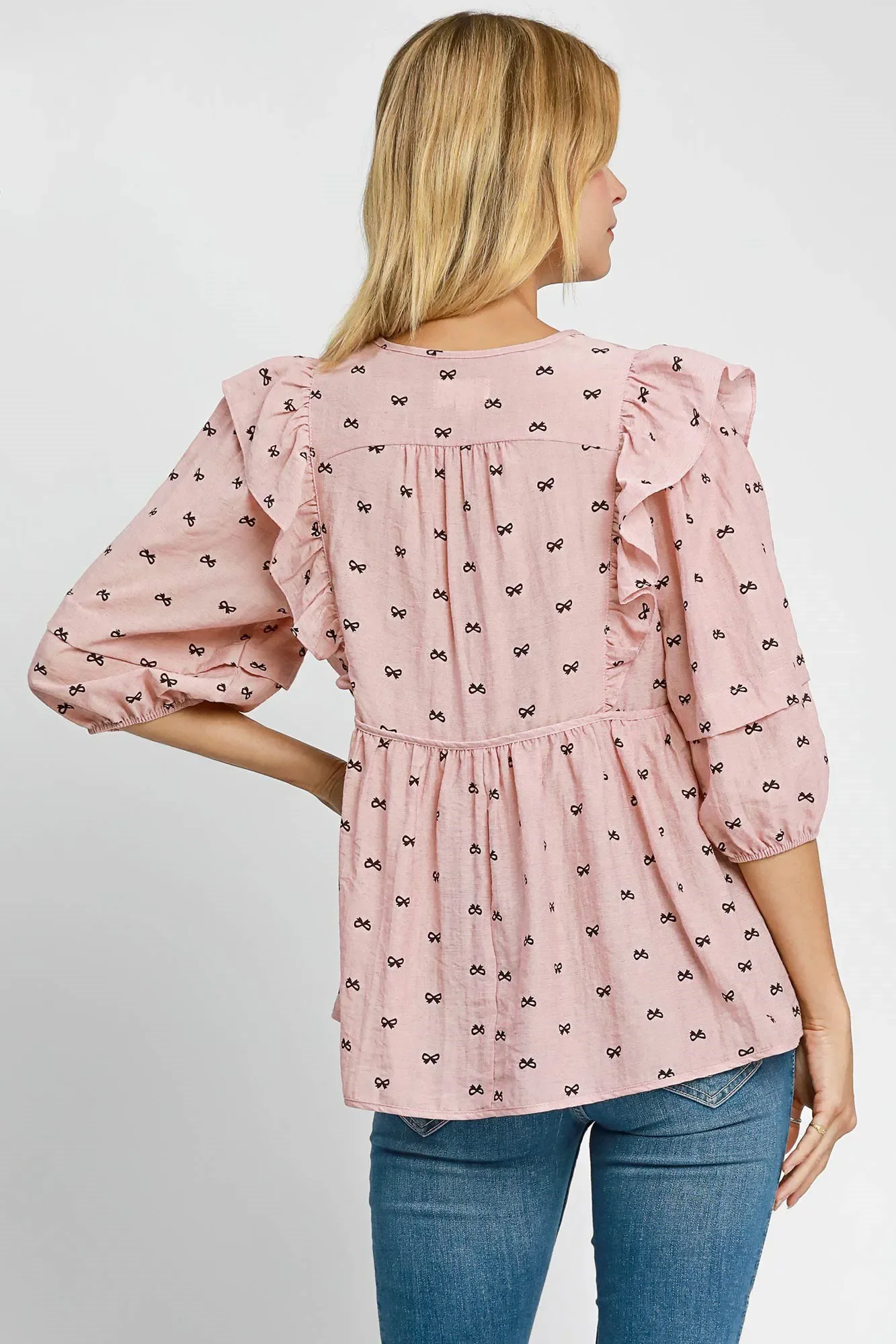 Umgee Full Size Ruffled Bow Print Tie Neck Peplum Blouse Plus Size - Image 3